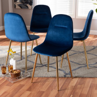 Baxton Studio DC150-Navy Blue Velvet/Gold-DC Elyse Glam and Luxe Navy Blue Velvet Fabric Upholstered Gold Finished 4-Piece Metal Dining Chair Set